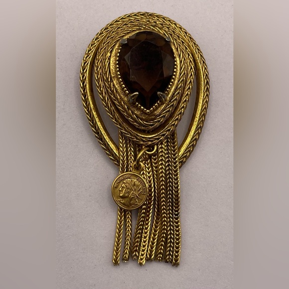 Vintage Signed Florenza Gold Tone Etruscan Revival Brooch Pin Topaz Crystal - Picture 10 of 11